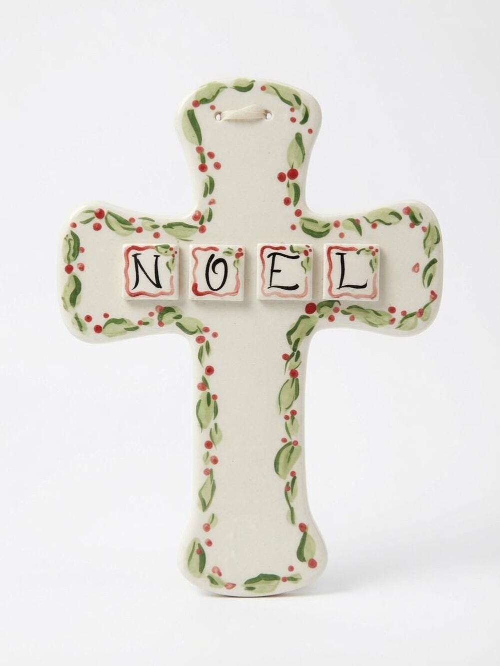 Noel Christmas Cross: Ceramic Wall Hanging with Holly Berries (Signed Haley)